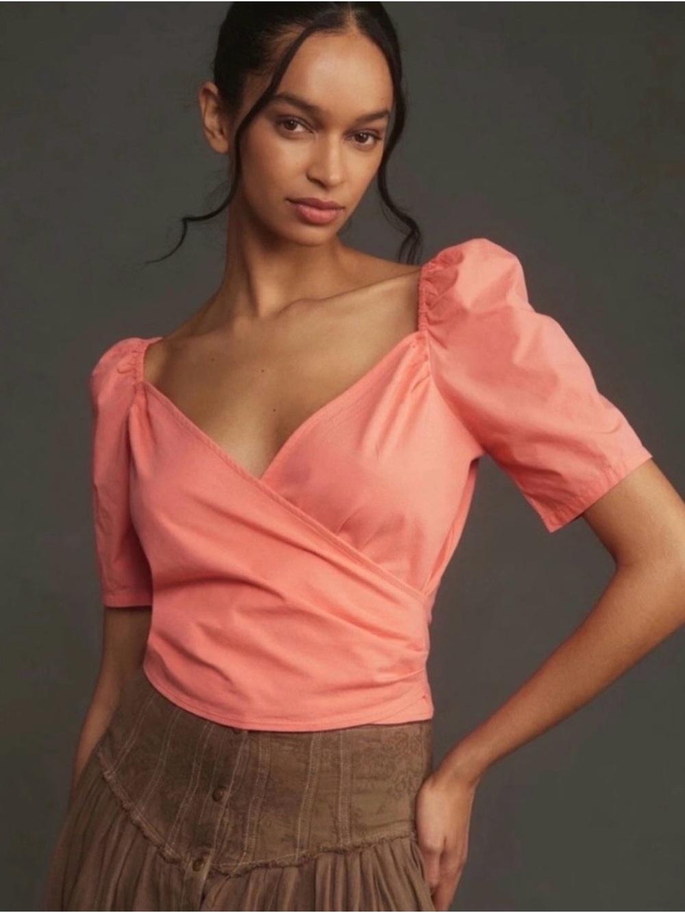 By Anthropologie Women’s Coral Puff-Sleeve Wrap Cropped Top Size Medium NWT